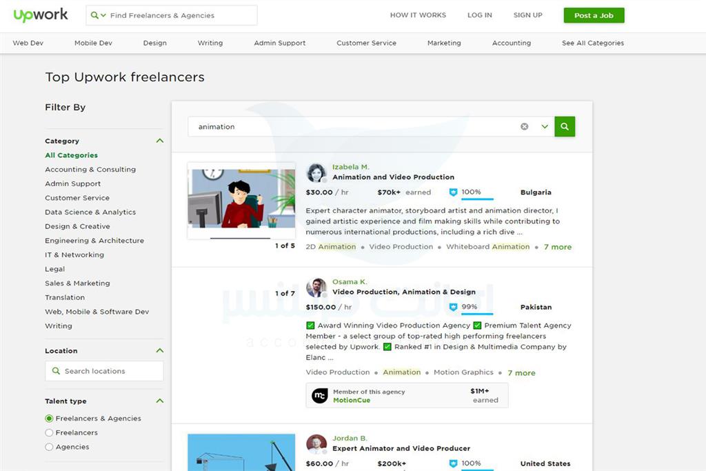 در این مطلب قصد داریم که بهترین فریلنسرهای فعال در حوزه انیمیشن را در وب‌سایت Upwork مورد بررسی قرار داده و کمی بیشتر در مورد مهارت و سوابق و درآمد هایی که داشته اند باهم صحبت کنیم. این مطلب به‌شکل منحصربه‌فرد از حالت عمومی خارج شده و به ۱۰ فریلنسر برتری که در پروژه‌های مختلف حوزه انیمیشن فعالیت می‌کنند، خواهیم پرداخت و شما به‌عنوان علاقه‌مند به فعالیت در چنین حوزه‌ای، می‌توانید دید بهتر و جامع‌تری نسبت به موضوع داشته باشید. پس فرصت را از دست نداده و ادامه مطلب را با ما همراه باشید ، برای اینکه بتوانید بهترین و موفق ترین فریلنسر های این حوزه را پیدا کنید کافی است که در بخش جستجو سایت آپورک عبارت animation را سرچ کنید و می توانید پروفایل افراد موفق در این زمینه به همراه سوابق و پروژه هایشان را مشاهده کنید.


