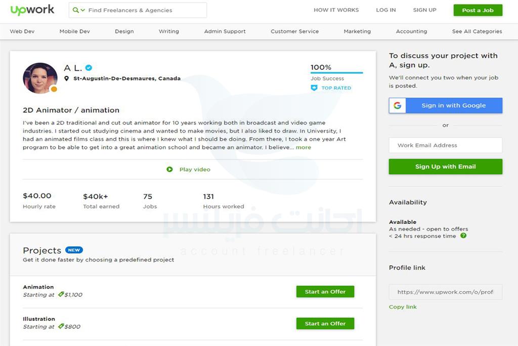 در این مطلب قصد داریم که بهترین فریلنسرهای فعال در حوزه انیمیشن را در وب‌سایت Upwork مورد بررسی قرار داده و کمی بیشتر در مورد مهارت و سوابق و درآمد هایی که داشته اند باهم صحبت کنیم. این مطلب به‌شکل منحصربه‌فرد از حالت عمومی خارج شده و به ۱۰ فریلنسر برتری که در پروژه‌های مختلف حوزه انیمیشن فعالیت می‌کنند، خواهیم پرداخت و شما به‌عنوان علاقه‌مند به فعالیت در چنین حوزه‌ای، می‌توانید دید بهتر و جامع‌تری نسبت به موضوع داشته باشید. پس فرصت را از دست نداده و ادامه مطلب را با ما همراه باشید ، برای اینکه بتوانید بهترین و موفق ترین فریلنسر های این حوزه را پیدا کنید کافی است که در بخش جستجو سایت آپورک عبارت animation را سرچ کنید و می توانید پروفایل افراد موفق در این زمینه به همراه سوابق و پروژه هایشان را مشاهده کنید.


