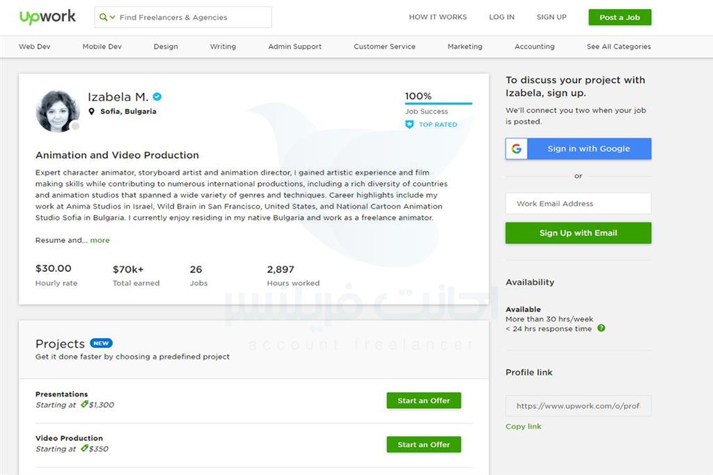 در این مطلب قصد داریم که بهترین فریلنسرهای فعال در حوزه انیمیشن را در وب‌سایت Upwork مورد بررسی قرار داده و کمی بیشتر در مورد مهارت و سوابق و درآمد هایی که داشته اند باهم صحبت کنیم. این مطلب به‌شکل منحصربه‌فرد از حالت عمومی خارج شده و به ۱۰ فریلنسر برتری که در پروژه‌های مختلف حوزه انیمیشن فعالیت می‌کنند، خواهیم پرداخت و شما به‌عنوان علاقه‌مند به فعالیت در چنین حوزه‌ای، می‌توانید دید بهتر و جامع‌تری نسبت به موضوع داشته باشید. پس فرصت را از دست نداده و ادامه مطلب را با ما همراه باشید ، برای اینکه بتوانید بهترین و موفق ترین فریلنسر های این حوزه را پیدا کنید کافی است که در بخش جستجو سایت آپورک عبارت animation را سرچ کنید و می توانید پروفایل افراد موفق در این زمینه به همراه سوابق و پروژه هایشان را مشاهده کنید.


